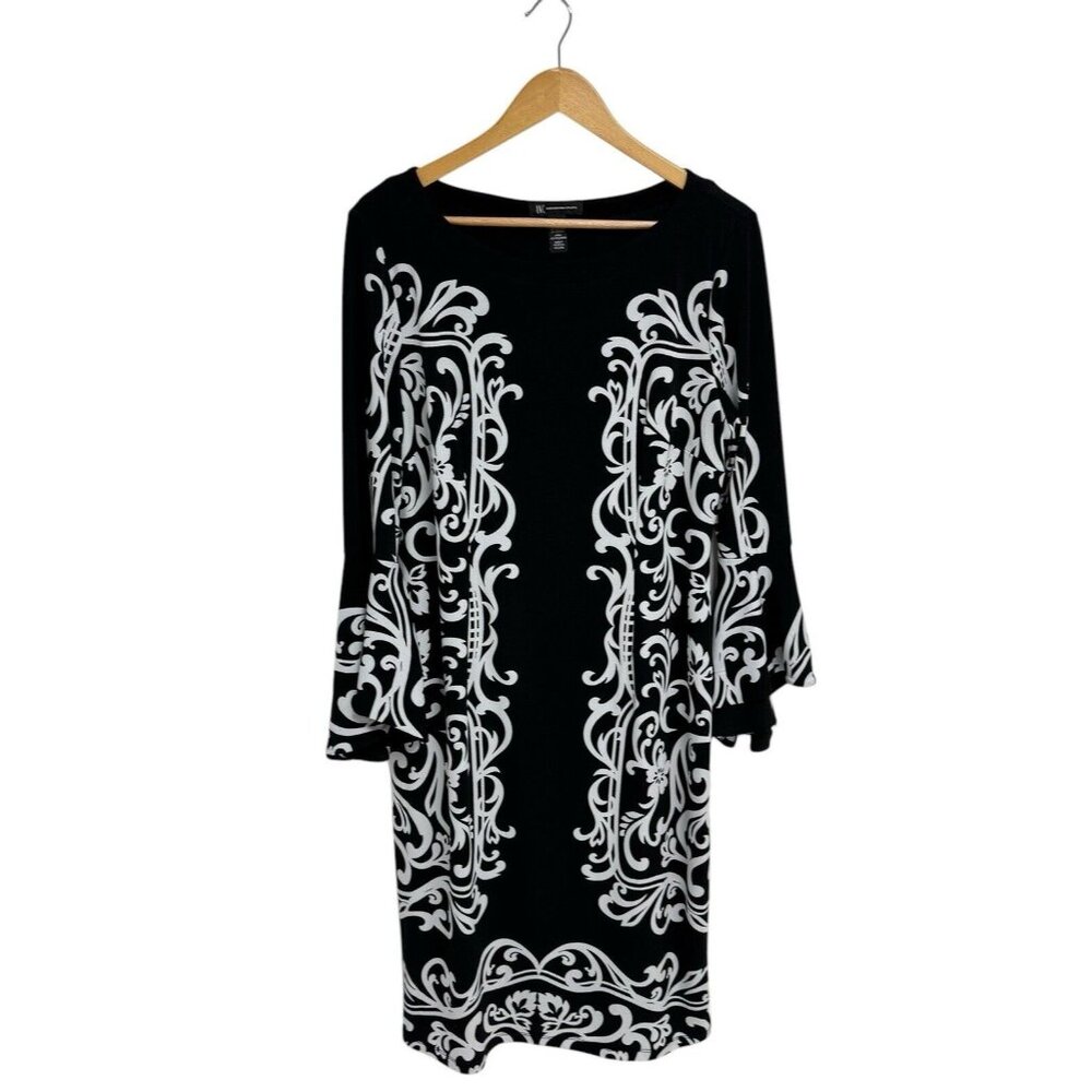 INC International Concept women's shift dress black floral bell sleeve size L